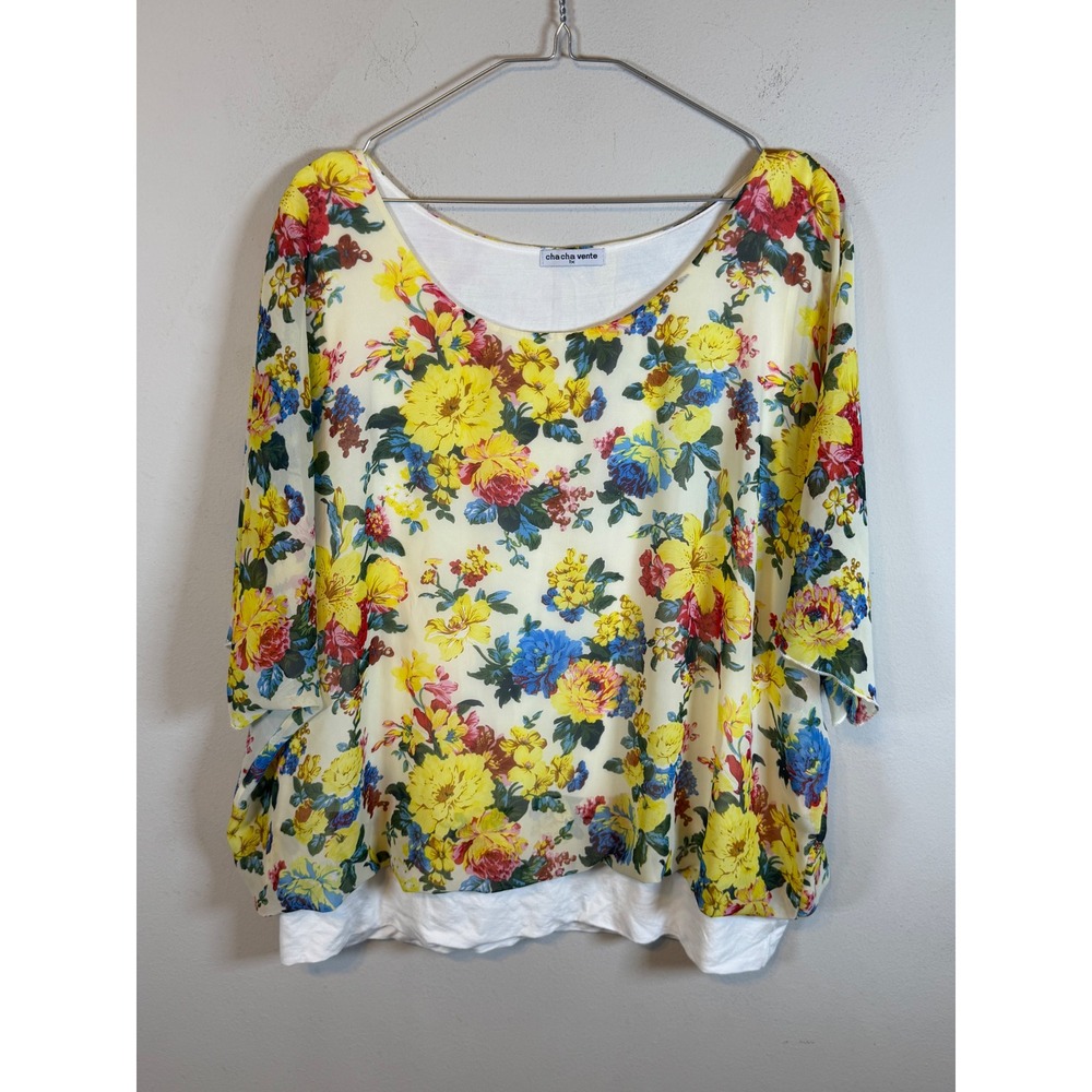 Cha Cha Vente Womens Blouse Floral Layered Yellow 1X